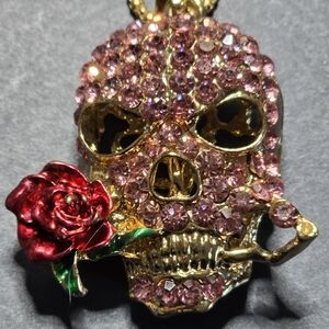 Gold and Pink Skull Pendant with Red Rose
